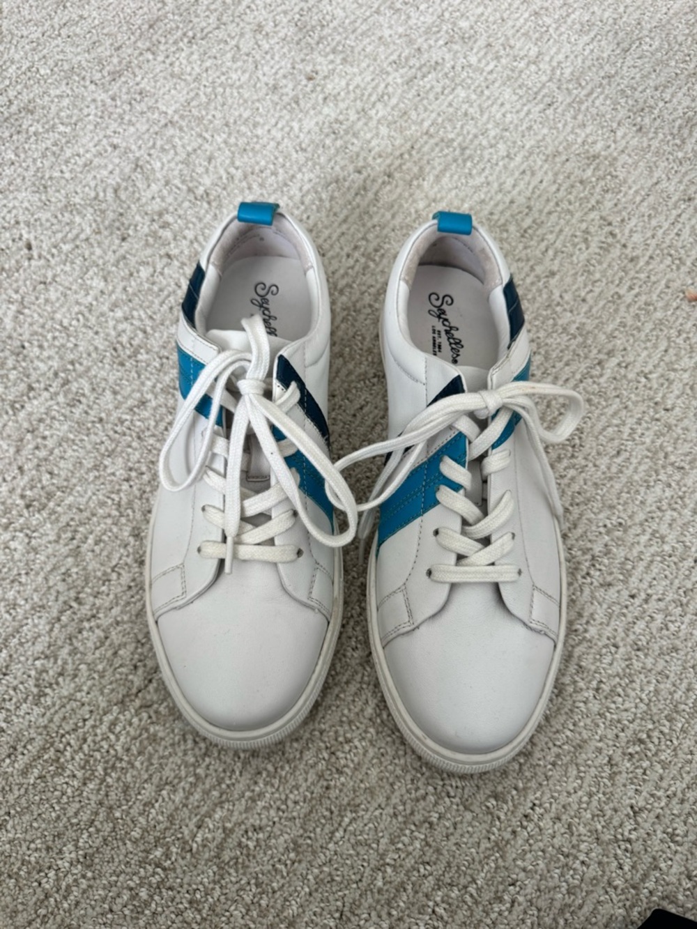 Seychelles White Sneakers with Teal and Navy Stripes